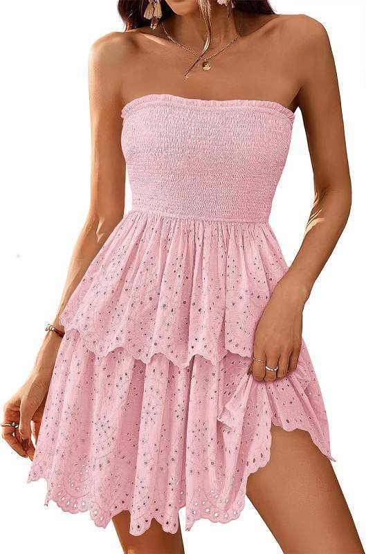 lot 3629 image: BTFBM Summer Dresses for Women 2025 Tube Strapless Mini Hollow Out Lace Wedding Guest Dress, Size XL