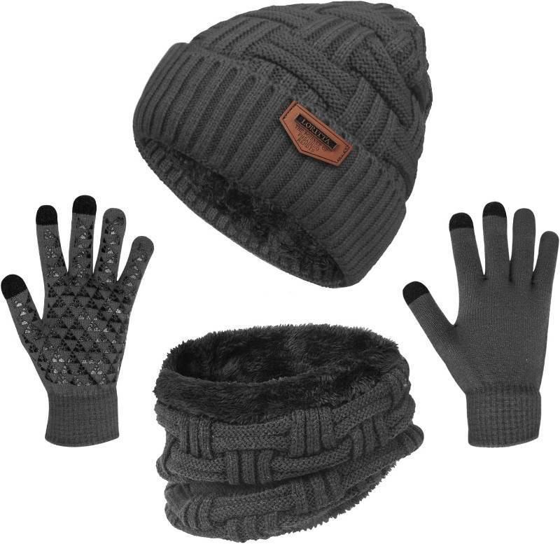 lot 3646 image: 3-Pieces Winter Beanie Hat Scarf and Touch Screen Gloves Set Warm Knit Skull Cap for Men Women
