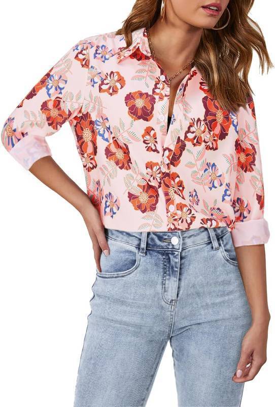 lot 3668 image: siliteelon Blouses for Women Long Sleeve Button Down Shirts Printed Wrinkle-Free Dressy Casual Blouse Spring Fall Trendy, Medium