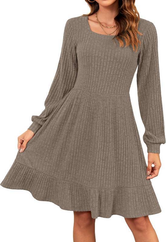 lot 3681 image: AUSELILY Womens Fall Dress 2025 Square Neck Long Sleeve Dresses Casual A Line Knit Sweater Dress with Pockets Size Small