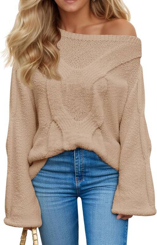 lot 1720 image: Saodimallsu Womens Off One Shoulder Sweaters Boat Neck Cable Knit Long Lantern Sleeve Loose Fall Trendy Pullover Tops Medium