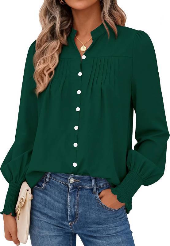 lot 1804 image: PRETTYGARDEN Fall Lantern Long Sleeve Shirts for Women 2026 Trendy Button Vneck Pullover Henley Tops Dressy Work Blouses (Dark Green,Small)