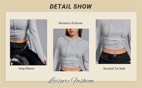 lot 1918 image: WDIRARA Womens Ribbed Knit Drawstring Crop Hoodie Long Sleeve Ruched Tie Side Pullover Hooded Sweatshirts Size XS Light Grey
