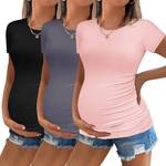 Ekouaer Womens Maternity Shirts 3 Packs Round Neck Short Sleeve Side Ruched Swiss Dot T Shirt Tops SIZE M