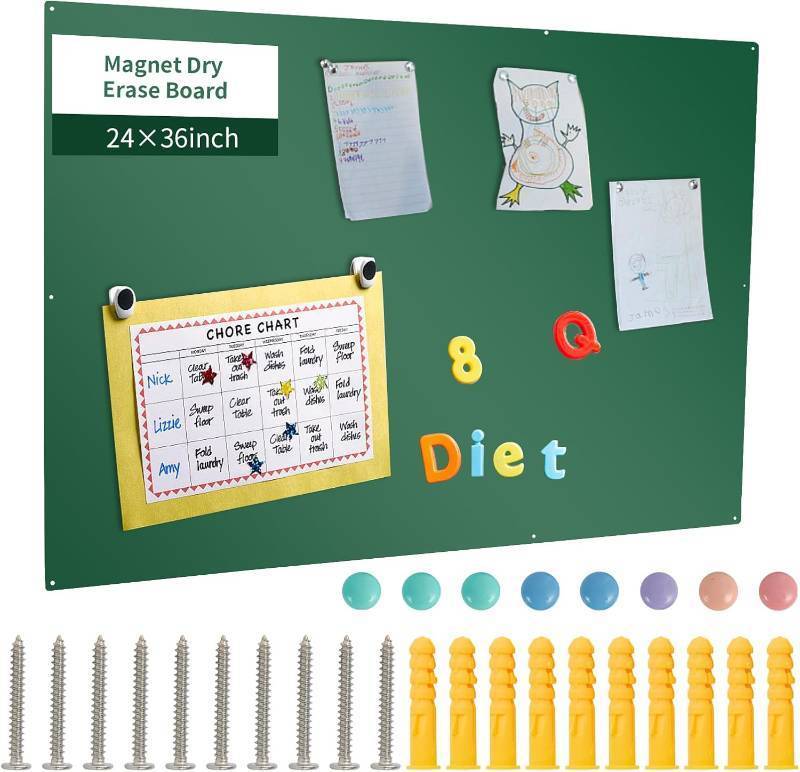 lot 13058 image: 24 x 36 Inches Metal Magnetic Board Green Magnet Bulletin Boards for Walls to Display Magnetic Notes Photos for Home Office Classroom, Pre-drilled Mounting Screws Included