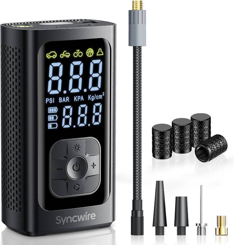 lot 1108 image: Syncwire Tire Inflator Portable Air Compressor - 150PSI 2X Faster Inflation Smart Air Pump for Car Tires Extra-Large LCD with Digital Pressure Gauge, Auto Shut-Off for Car, Motorcycle, Bike & Balls