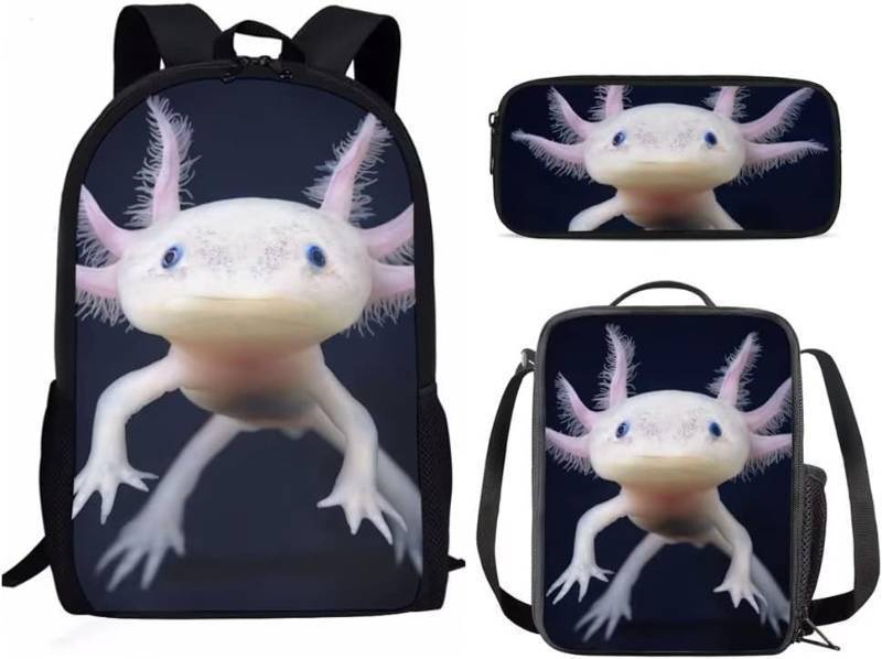 lot 1109 image: AmzPrint Axolotl Animal Print Bookbag With Lunchbox For Girls American Children Back To School Gift 3pcs Backpack Set