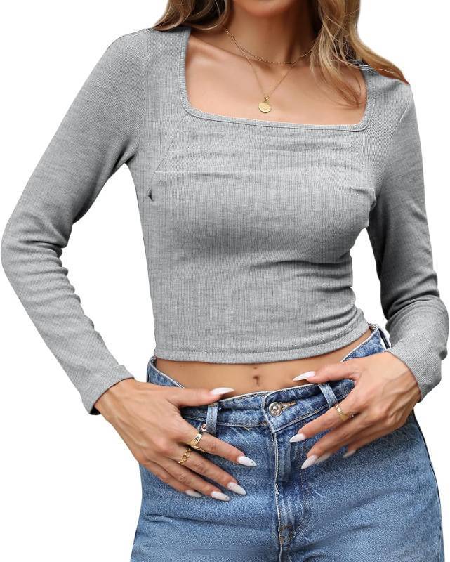 lot 1151 image: Balimtoy Womens Square Neck Long Sleeve Going Out Tops Ribbed Knit Ruched Slim Fitted Cropped Shirts Trendy Fall Outfits SIZE M