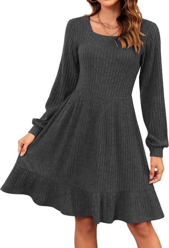 lot 1172 image: AUSELILY Womens Fall Dress 2025 Square Neck Long Sleeve Dresses Casual A Line Knit Sweater Dress with Pockets, Size Medium