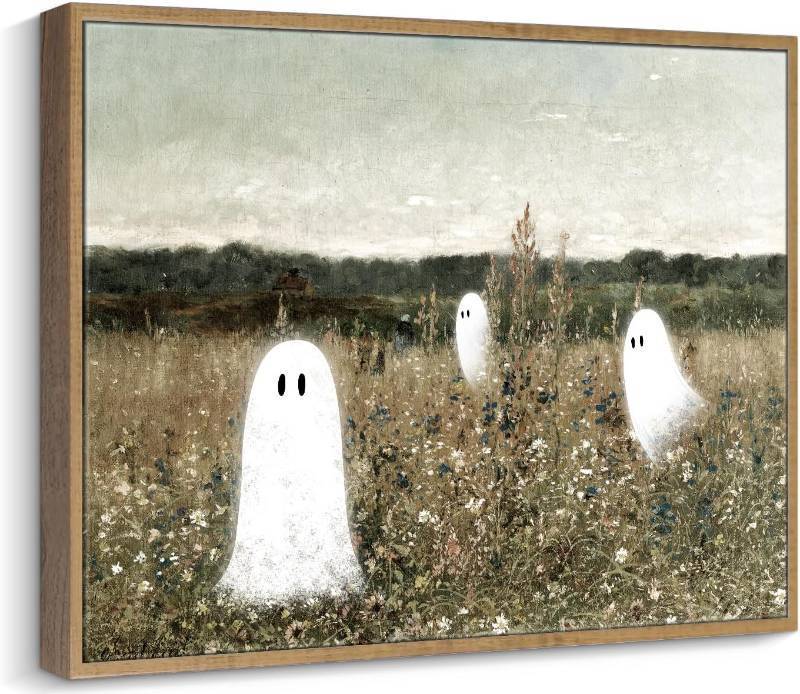 lot 1293 image: Pinetree Art Funny Framed Easter Canvas Wall Art for Living Room, Cute Ghosts at Wildflower Meadow Painting Prints- Vintage Spooky Wall Art for Bedroom Home Decor (12 x 16, K)