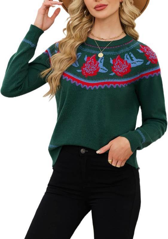 lot 13155 image: Women s Christmas Floral Knit Sweater Long Sleeve Pullover Winter Crewneck Jumper Holiday Casual Tops SIZE L