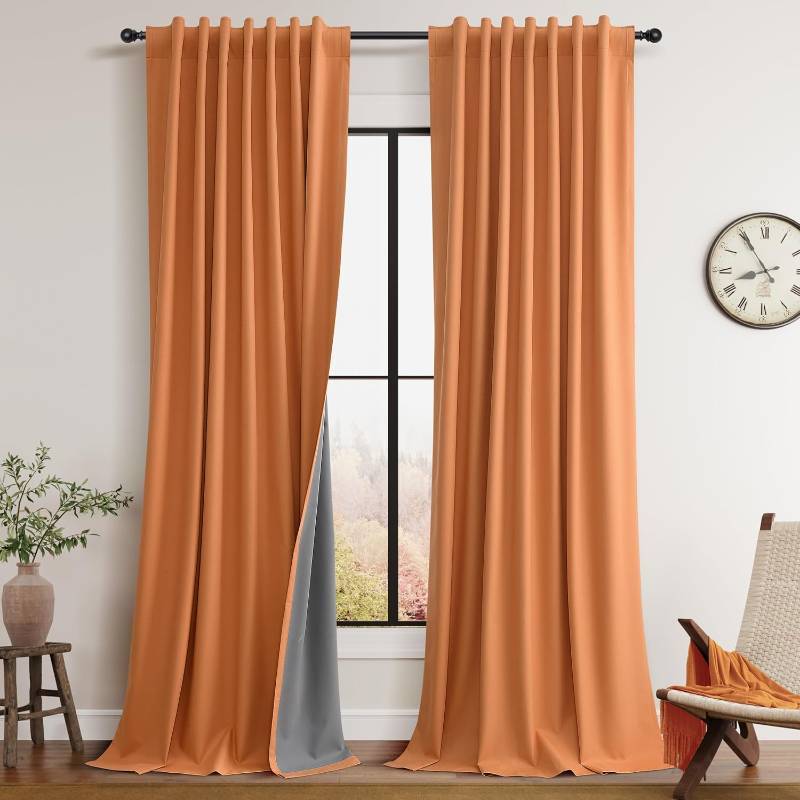 lot 13163 image: Guken Orange 100% Blackout Linen Curtains 84 Inch Long for Bedroom 2 Panel Linen Textured Black Out Light Blocking Thermal Insulated Soundproof Back Tab Hook Belt Living Room Backdrop 52x84 7Ft