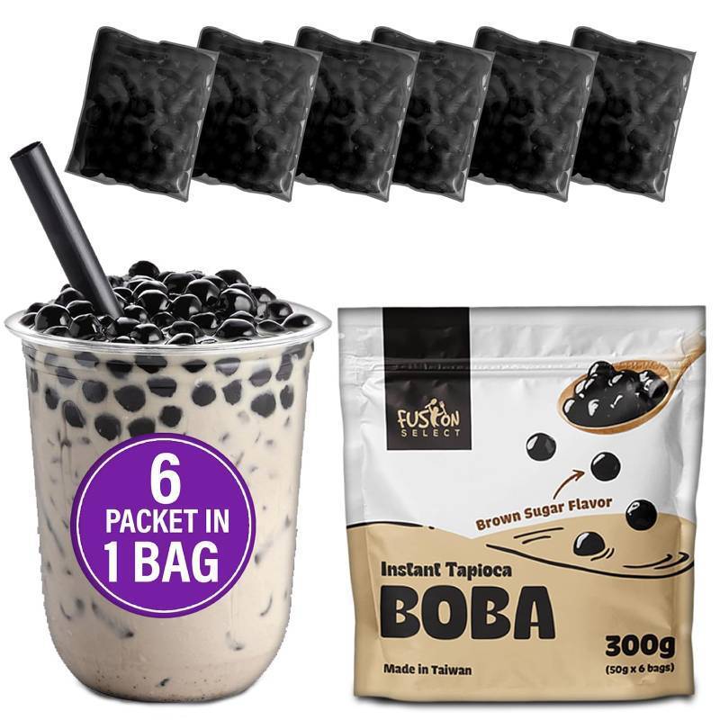 lot 13181 image: Fusion Select Instant Boba - No-Cook Instant Tapioca Pearls for Bubble Tea Drinks, Hot or Cold Sweet Milk Beverage - Microwave or Heat With Boiling Water - Real Brown Sugar Flavored Balls (6)