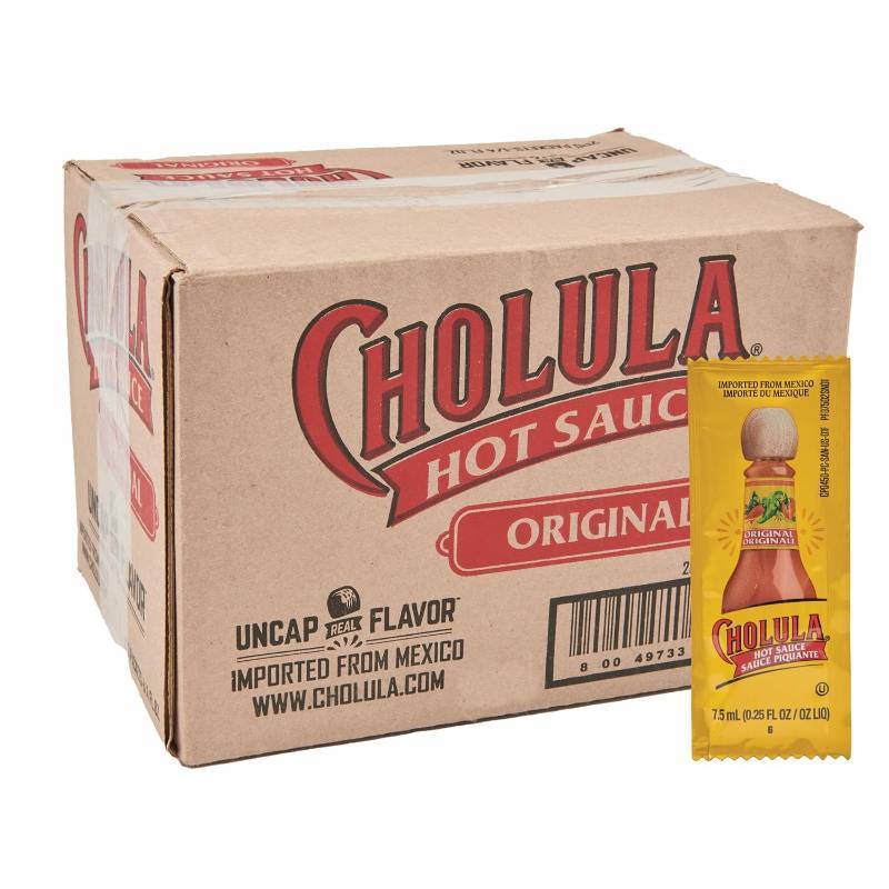 lot 13221 image: Cholula Original Hot Sauce Packets, 200 count - One 200 Count Individual Hot Sauce Packets with Mexican Peppers and Signature Spice Blend, Perfect Single-Serve Size for Delivery and Takeout