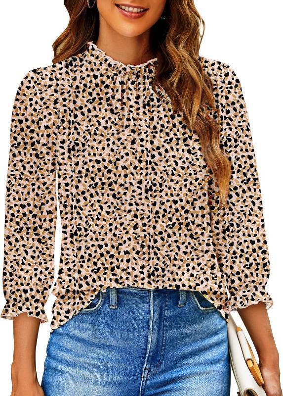 lot 14005 image: SimpleFun Womens Blouses 34 Sleeve Ruffle Neck Printed Business Casual Tops Flowy Dressy Work Shirts SIZE L