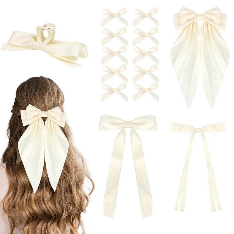 lot 14037 image: CAVETEE 14 PCS Hair Bows for Women, White Silky Satin Bow Hair Clips with Oversized Long Tail Variety Style Cute Barrettes Hair accessories for Women Girls
