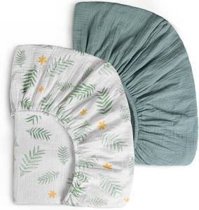 lot 211 image: Muslin Crib Sheets for Girls Boys, 2 PCS Soft and Breathable Fitted Baby Sheet for 52 x 28 Standard Crib Mattress and Toddler Bed (Roman Green, Leaves)