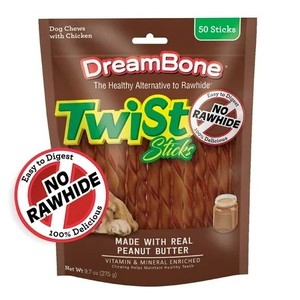 lot 253 image: DreamBone Twist Sticks Rawhide-Free Chews for Dogs, with Real Peanut Butter, 50 Count