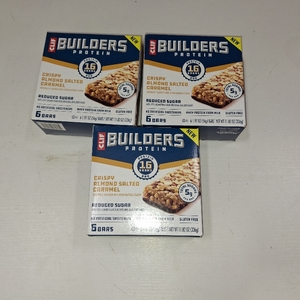lot 501 image: 3 Boxes CLIF BUILDERS Protein Bars Crispy Almond Salted Caramel, Reduced Sugar, Gluten Free, 6ct