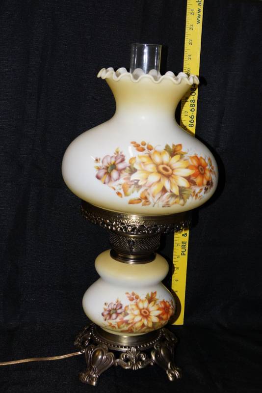 lot 518 image: WOW White Glass, Electric Hurricane Lamp  Hand Painted Flowers  Fully Functional Antique Brass Finish