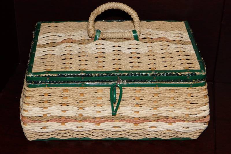 lot 526 image: Old Wicker Sewing Basket, Lined inside w Green Satin Material