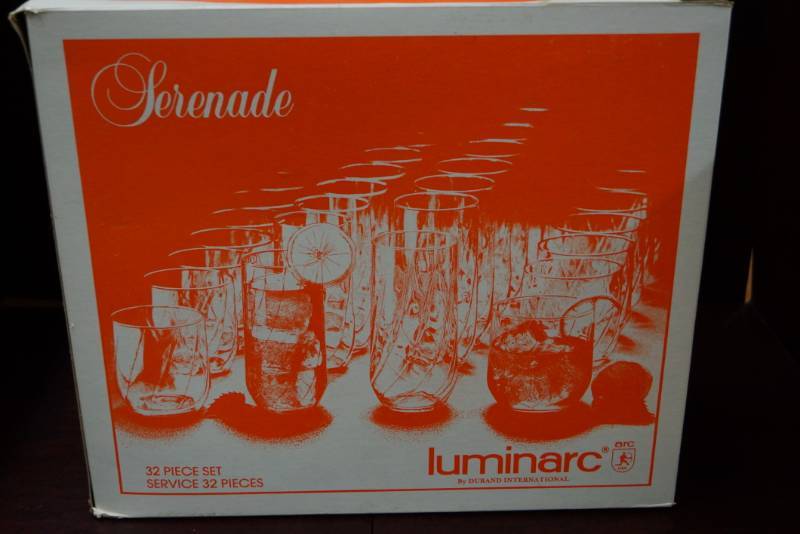 lot 97 image: From Luminar  32 Piece Serenade Drinking Glass Set  NEW In the BOX
