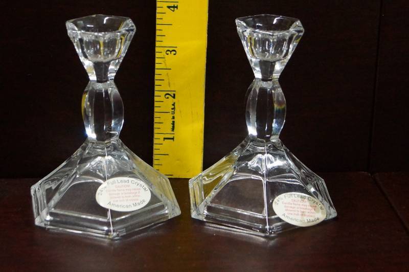 lot 106 image: American Made Pair of Lead Crystal Candle Stick Holders