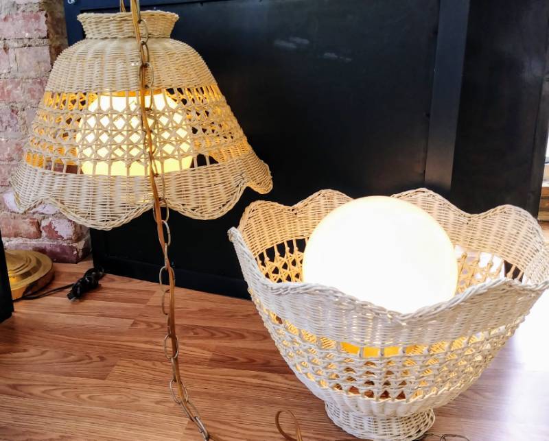 lot 471 image: 2 Matching Vintage, Retro, Mid Century WickerRattan Swag Hanging Lamp