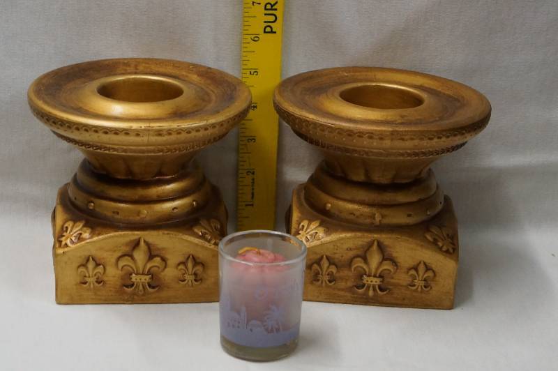 lot 127 image: 2 Gold Toned Candle Holders Plus a Holiday BONUS