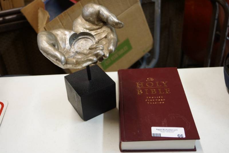 lot 66 image: Praying Hands Candle Holder and Holy Bible