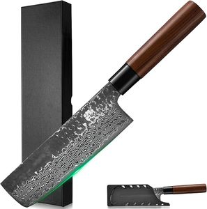 FULLHI Japanese Damask Steel Knife with Case, Forged Hammered Blade Wooden Handle Gyutou Filetier Kitchen Knife with Box for Cooking, Camping BBQ