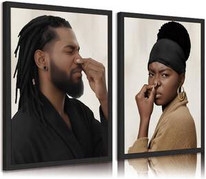 lot 30185 image: 2pcs Funny Black mens and womens bathrooms Canvas Wall Art African Couple Toilet Pinch Nose Posters Prints Humour Black With A Stinky Wall Decor Pictures for Wc Bathroom Decoration Unframed