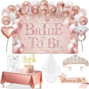 lot 30193 image: 54Pcs Bridal Shower Decorations with Rose Gold Bride to Be Banner, Balloons, Crown, Sash and Veil, Tablecloth, Tattoos and Cake Toppers, Bachelorette Party Decorations Accessories