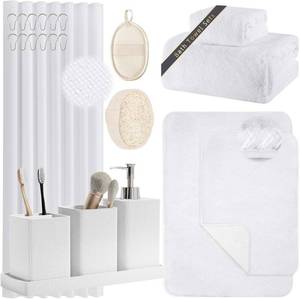 lot 30203 image: White Bathroom Set, White Bathroom Accessories Set with Shower Curtain and Rugs, Bath Towel Set, Natural Loofah Sponge, Soap Dispenser, Toothbrush Holder, Bathroom Tumbler and Tray for Bathroom