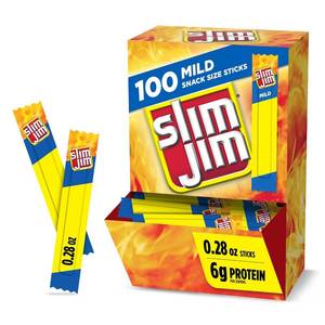lot 30222 image: Slim Jim Smoked Meat Sticks, Mild Flavor, 6g Protein Per Serving, Snack Size, 0.28 oz. (100 Count)