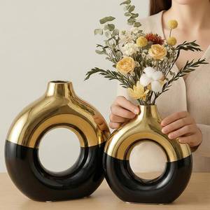 lot 30281 image: Vase Decor Donut Vase Set of 2 - Circle Hollow Vases, Modern Matte Ceramic Vases for Entryway Living Room Bedroom Dining Table Centerpiece Office Home Decor - ORANGE