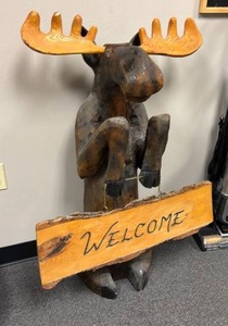Carved wooden welcome moose 39 x 27 x 16 in