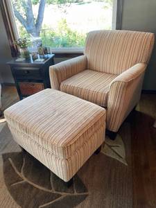 Best Chairs striped chair 34 x 32 x 32 in seat width 21 inwith ottoman 18 x 27 x 20 in