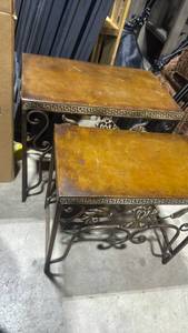 lot 983 image: Metal Nesting Tables with Ornate Metal Base bigger one is 18x20x12