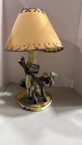 lot 1001 image: Moose Crossing Table Lamp with Woodpecker 19 inches tall