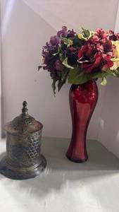 lot 1009 image: Metal trinket dish with lid and vase with faux flowers 20 inches tall