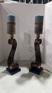 lot 1018 image: Metal candle holders with candles 15 inches tall without candles
