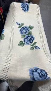 lot 1023 image: Blue Rose Cross Stitch Afghan Throw Blanket
