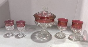 Kings Crown Cranberry Glass candy dish and champagne glasses
