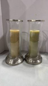 lot 1025 image: Modern Hurricane Glass Candle Holders with Metal Base