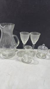 lot 1049 image: Etched glass pitcher, glasses and more