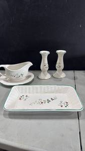 lot 1052 image: Pfaltzgraff gravy boat, small serving tray and candle stick holders
