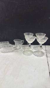 lot 1057 image: 4 etched champagne glasses, butter dishes and more