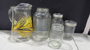 lot 1083 image: Golden wheat glass pitcher and mason jars