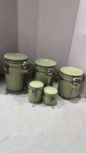 lot 1125 image: Sage Green Ceramic Canister Set with Metal Clasps